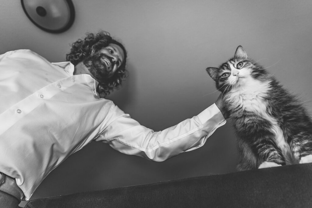 Groom pets his cat who stares into the camera