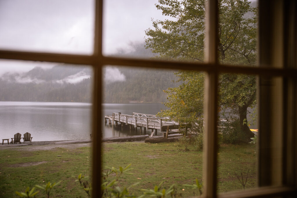 Lake Crescent Lodge pier through the window frame
